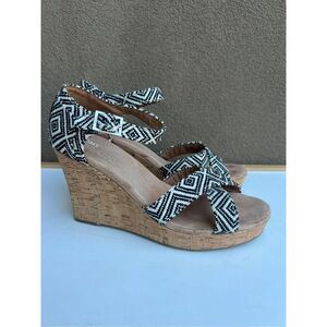 Toms Womens Size 9 Black White Canvas Cork Wedge Sandals Open Toe Ankle Strap